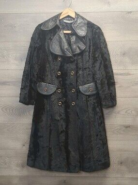 Vintage Black Faux Fur Coat Gothic Double Breasted American Bazaar 80s Women's S